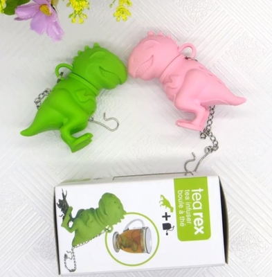 Dinosaurus berbentuk Desain BPA Gratis FDA kantong teh silikon dengan paket kotak